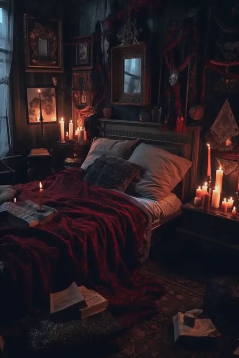 Witchy Bedroom Ideas, Gothic Bedroom Ideas, Witch Bedrooms, Witchy Bedroom, Goth Bedroom, Gothic Bedroom, Dark Bedroom, Relaxing Bedroom, Dark Home Decor