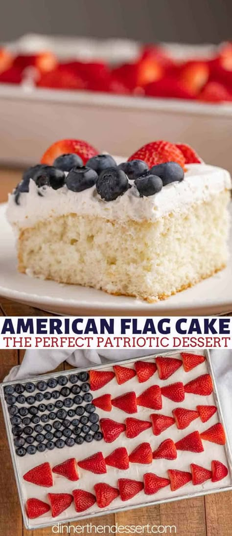 American Flag Cake made with a homemade vanilla cake recipe, cool whip and fresh berries is the perfect patriotic dessert for your summer cookout. #cake #cakerecipes #baking #dessert #4thofjuly #independenceday #america #strawberry #blueberry #dinnerthendessert Easy Flag Cake, Homemade Vanilla Cake Recipe, American Flag Dessert, Flag Cake Recipe, Flag Desserts, Usa Cake, American Flag Cake, Homemade Vanilla Cake, Patriotic Cake