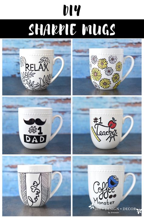 Mug Decorating Ideas, Sharpie Cup, Sharpie Mug Designs, Sharpie Coffee Mugs, Sharpie Designs, Creative Mug, Diy Mug Designs, Oil Based Sharpie, Sharpie Mugs