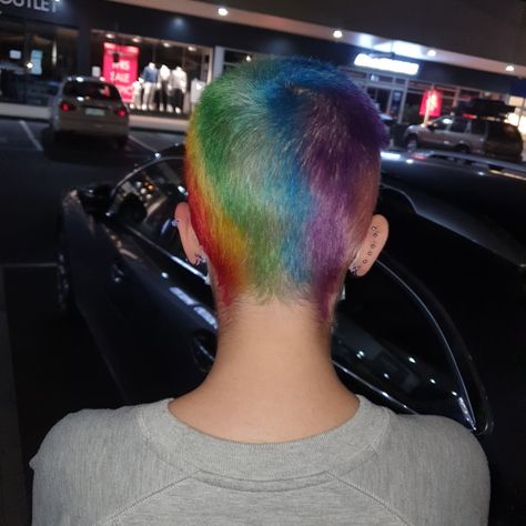 Rainbow Shaved Hair, Rainbow Shaved Head, Pride Buzzcut, Rainbow Buzzcut, Green Buzzcut, Dye Hairstyle, Buzzcut Hair, Dye Hairstyles, Buzz Cut Women