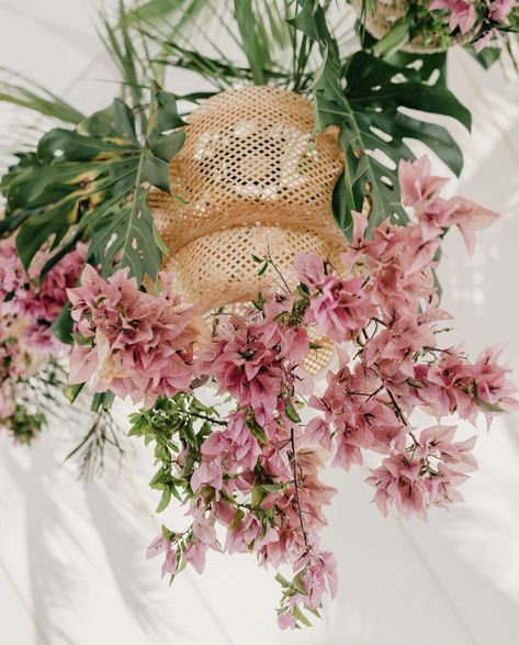 Flamingo Wedding Decor, Disco Ball Tropical Wedding, Tropical Sangeet Decor, Light Pink Tropical Wedding, Rattan Lantern Wedding, Lanterns With Flowers, Bohemian Garden Wedding, Flamingo Wedding, Aruba Weddings