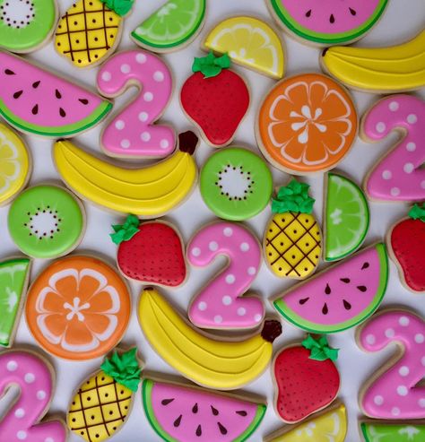 Twotti Fruitti Party, Fruit Party Theme, Tutti Fruity Party, Twotti Fruity, Tutti Frutti Birthday Party, Fruity Cookies, Tutti Frutti Party, Fruit Birthday Party, 2nd Birthday Party For Girl