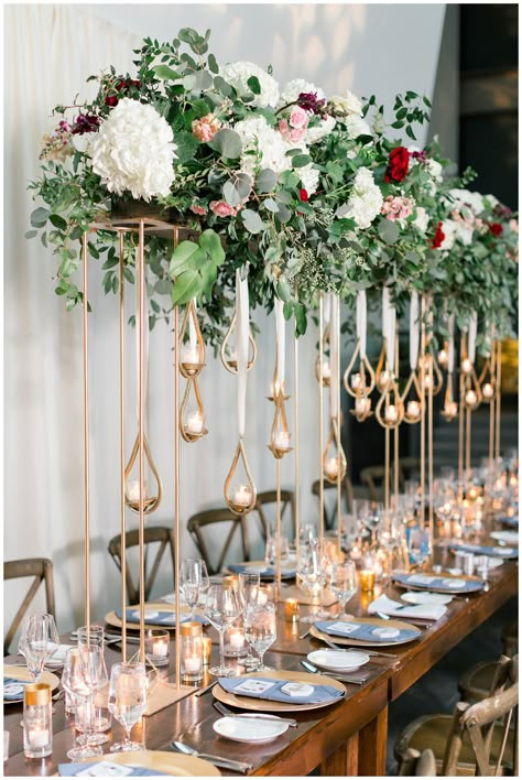 Hanging Candles Centerpiece, Hanging Floral Over Head Table, Over Table Hanging Decorations, Over The Table Rod Decor, Flower And Candle Centerpiece, Rectangle Wedding Table Decor, Rectangle Table Centerpieces Wedding, Rectangle Table Centerpieces, Table Centrepiece Ideas