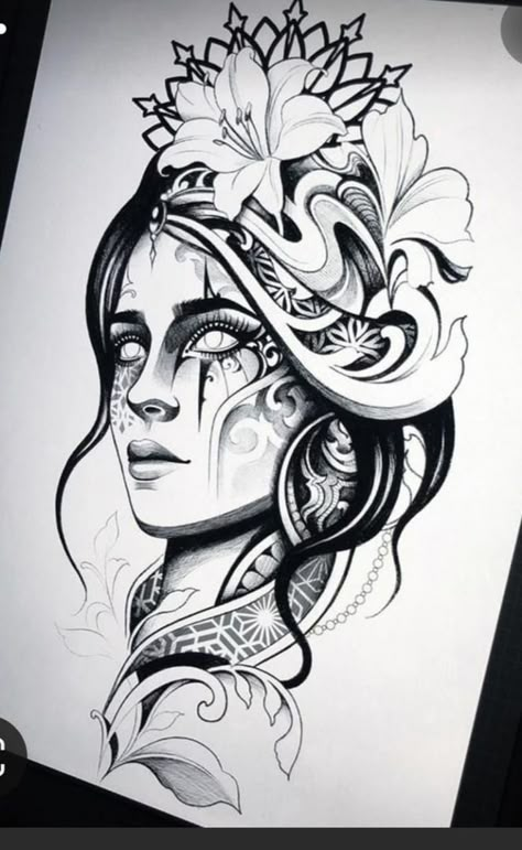 Face Tattoos For Women, Girl Face Tattoo, Goddess Tattoo, Tattoo Style Drawings, Tattoo Sketch, Art Drawings Sketches Creative, Tattoo Design Drawings, Blackwork Tattoo, Creative Tattoos