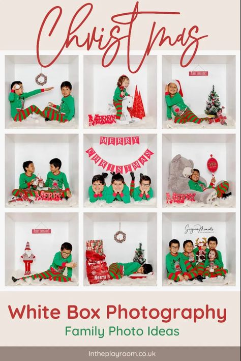 Diy Family Christmas Cards, White Box Photoshoot, In The Box Christmas Photos, Christmas Photo Box Ideas, Box Photography Ideas, Box Christmas Photography, Christmas Box Photoshoot, Unique Christmas Photoshoot Ideas, Box Photography