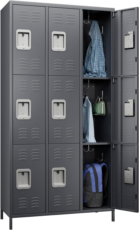 PRICES MAY VARY. Metal locker combination compartment features 18 single wall hooks Simple and practical design of tall storage cabinet make it to be widely used in home, gyms, bedrooms, classrooms, dressing rooms, offices, and dorm rooms, or anywhere secure storage space is required. With its 5.9" high legs to prevent moisture, it is perfect for use in a variety of settings. Each locker compartment includes a lift up handle and recessed hasp for added security and can accommodate combination pa Boy Room Storage Ideas, Locker Closet, Industrial Locker Room, Police Gear Storage Lockers, Lockers In Garage Metal, Locker Bedroom, Dorm Room Pictures, Storage Lockers Metal, Dorm Room Essentials List