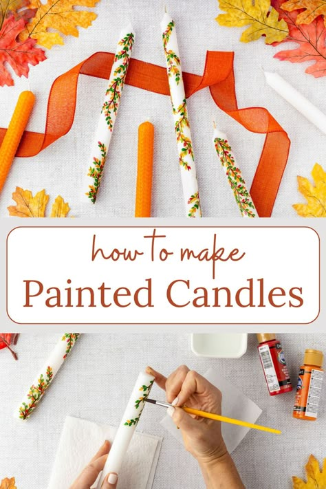 Have you ever thought of painting candles? This DIY project is a fun way to add personal touches to your home decor. Grab your paintbrush and try this for a creative craft. How To Hand Paint Taper Candles, Hand Painting Candles, Candle Carving Diy Easy, How To Paint Taper Candles, Decorate Pillar Candles, How To Hand Paint Candles, Taper Candle Crafts, Fall Candle Painting Ideas, Tapered Candle Painting