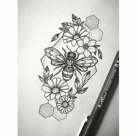 Beehive Filler Tattoo, Dark And Light Matching Tattoos, Bee With Flowers Drawing, Bee Honeycomb Tattoo, Bee Sleeve Tattoo, Honeycomb Tattoo Design, Bee Tattoos For Women, Floral Bee Tattoo, Honeycomb Tattoo Sleeve