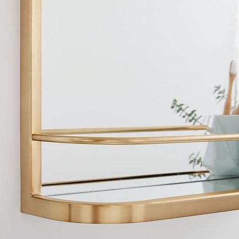 Wall Mirror Shelf, Bathroom Mirror With Shelf Underneath, Mirror With Shelf Underneath, West Elm Mirror, Vanity Mirror With Shelf, Guest Bath Makeover, Dark Apartment, Farm Renovation, Powder Room Inspiration