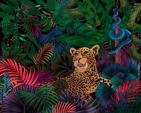 Art Deco Jungle, Tropical Posters, Art Deco Animals, Jungle Illustration, Leopard Art, Rv Makeover, Jungle Art, Editorial Art, Art Deco Print