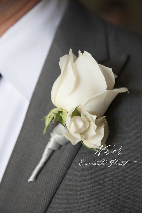 Ribbon Boutonniere, White Flower Boutonniere, Single White Rose, White Hydrangea Wedding, White Rose Boutonniere, White Spray Roses, White Boutonniere, Enchanted Florist, Groomsmen Boutonniere