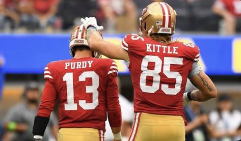 George Kittle # 85 TE applauds Brock Purdy's # 13 leadership, and growth as 49ers QB. George Kittle, 49ers Players, San Francisco 49ers, Leadership, San Francisco