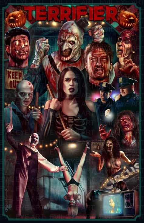 The Horrors of Halloween: TERRIFIER (2017) and TERRIFIER 2 (2022) Artwork Poster Collection Terrifier Poster, Clown Poster, Art The Clown Terrifier, Terrifier 2, Classic Horror Movies Posters, Terror Movies, 2022 Sticker, Art The Clown, Horror Artwork