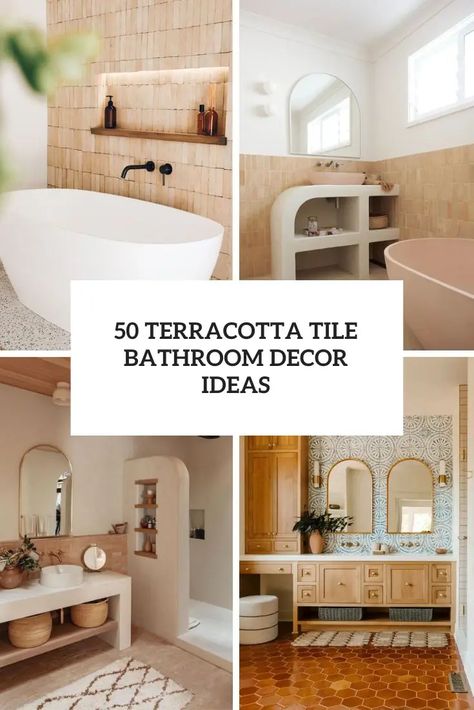 Picture of Terracotta Tile Bathroom Decor Ideas Earthy Tile Bathroom, Earthy Bathroom Inspiration, Bathroom Terracotta Floor, Tan Tile Bathroom Ideas, Terracotta Bathroom Tiles, Terracotta Bathroom Floor, Terracotta Tile Bathroom, Terracotta Bathroom Ideas, Terracotta Tiles Bathroom