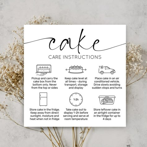 Cake Care Thank You Card Elegant Script Minim Bakery Thank You Note, Instruction Card Design Ideas, Cake Instructions Card, Home Bakery Business Cards, Home Bakery Packaging, Cake Box Design Packaging Ideas, Bakery Business Cards Ideas, Cake Care Instructions Card Printable, Cake Menu Design Ideas