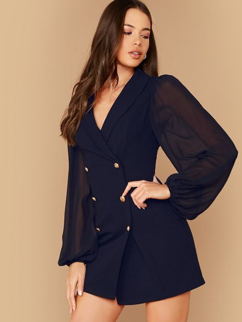 Shawl Collar Sheer Bishop Sleeve Double Breasted Blazer Dress | SHEIN Double Breasted Blazer Dress, Blazer Mini Dress, Striped Tunic Dress, Dress With Shawl, Trim Dress, Ribbed Knit Dress, Bishop Sleeve, Women Shawl, Mesh Sleeves