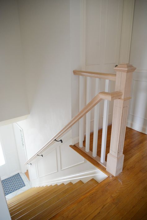 gmano railing, updated traditional wood railing, stair rail before and after Stair Railing Against Wall, Upstairs Hallway Railing, Top Of Stair Railing Ideas, Partial Stair Railing Ideas, Half Wall At Top Of Stairs, Railing At Top Of Stairs, Top Of Stairs Railing Ideas, Top Of Stairs Railing, Railing Top Of Stairs