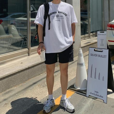 Shorts Outfits Men Streetwear Korean, Shorts Outfits Men Korean, White Shirt Black Shorts Outfit Men, Nb530 Outfit Man, Casual Shorts Outfit Men, Shorts And Tshirt Outfits Men, Ootd Short Pants Men, Short Pants Outfit Men Street Styles, Tito Outfit Men