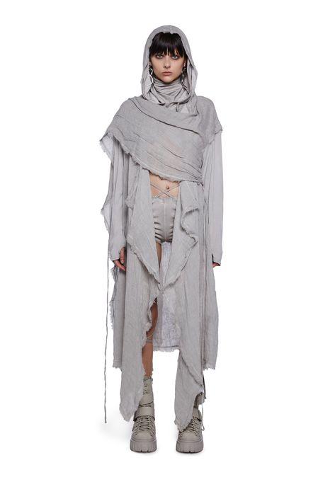 Apocalyptic Fashion Women, Wrapped Outfit, Hooded Fashion, Dunecore Outfits, Construction Fashion, Draping Outfit, Asymmetric Clothes, Draped Clothing, Draped Cloth