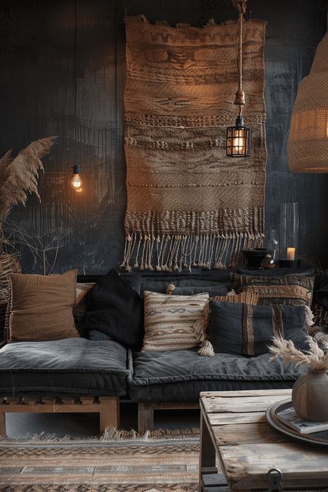 29 Dark Boho Living Room Ideas 11 Dark Boho Aesthetic, Plum Walls, Witchy Aesthetics, Dark Boho Living Room, Burgundy Walls, Toad House, Bold Bedroom, Boho Living Room Ideas, Dark Boho