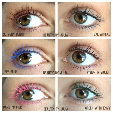 NEW Maybelline Colored Mascara.  I'm so exited to try this. Mascara For Brown Eyes, Purple Mascara, Green Mascara, Colored Mascara, Blue Mascara, Mascara Tips, Colored Eyeliner, Best Mascara, How To Apply Mascara