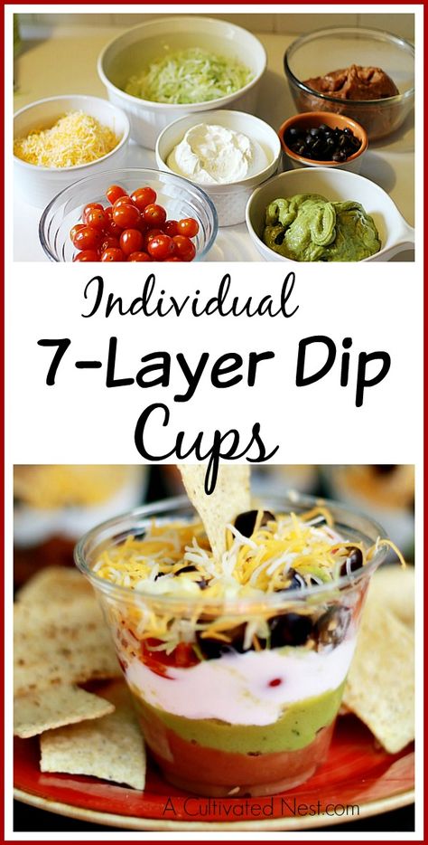 7 Layer Dip Cups, Layered Dip Cups, Individual Appetizers, 7 Layer Dip, Healthy Superbowl Snacks, Layer Dip, Game Day Snacks, 7 Layer, Party Appetizers