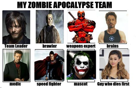 My zombie apocalypse dream team Zombie Apocalypse Team Template, Zombie Apocalypse Team, Team Leader, Zombie Apocalypse, Dream Team, Zombie, Memes, Movie Posters