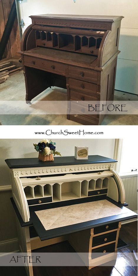 Painted Antique Desk, Diy Old Furniture Makeover, Old Furniture Makeover, Refurbished Desk, Desk Makeover Diy, Painted Trim, Roll Top Desk, Desk Makeover, Furniture Update