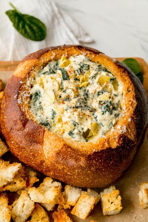 Spinach Dip In Bread Bowl, Artichoke Dip Bread, Dip In Bread Bowl, Dip Bread Bowl, Spinach Dip Bread Bowl, Bread Bowl Dip, Artichoke Bread, Bread Bowl Recipe, Recipe Spinach