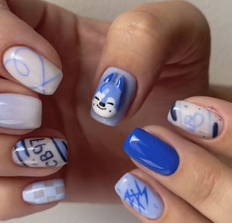 Skzoo Nail Design, Blue Art Nails, Skzoo Nail Art, Kpop Acrylic Nails, Kpop Nails Inspired, Stray Kids Inspired Nails, New Jeans Nails, Stray Kids Nails Designs, Stray Kids Nail Art