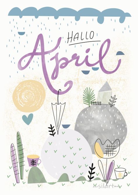 Hallo April, Illustration, Zeichnung, Fruehling, Monat, Kalenderbild, Karten, Drawing, Cards, Print, silart, silartiges, happy draw April Illustration, April Clipart, Drawing Planner, Happy Greetings, Drawing Cards, Kindergarten Portfolio, 달력 디자인, Sketch Note, Baby Scrapbook