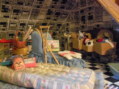 Dollhouse Attic, Beacon Hill Dollhouse, Attic Room Ideas, Attic Ideas, Attic Storage, Fairy Decor, Dolls House Interiors, Attic Rooms, Secret Rooms