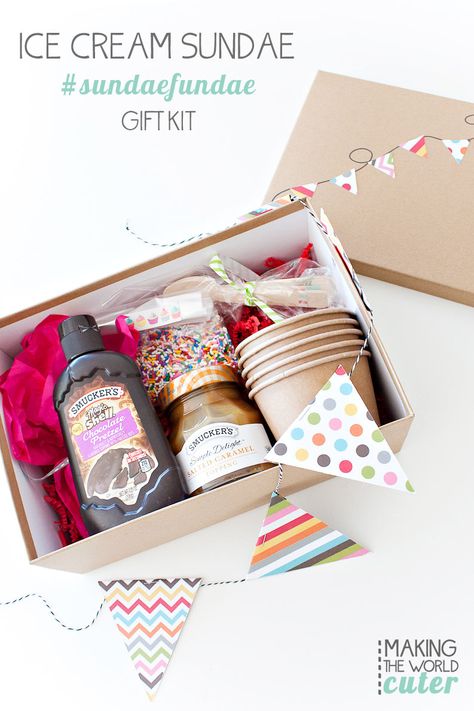 Want to spread a little joy to friends or family? Make one of these fun and easy to put together ice cream sundae gift box. They just need ice cream! Diy Box Gift Ideas, Diy Box Gift, Ice Cream Gift Basket, Box Gift Ideas, Ice Cream Gift, Ice Cream Sundaes, Diy Ice Cream, Diy Gift Baskets, Unique Diy Gifts