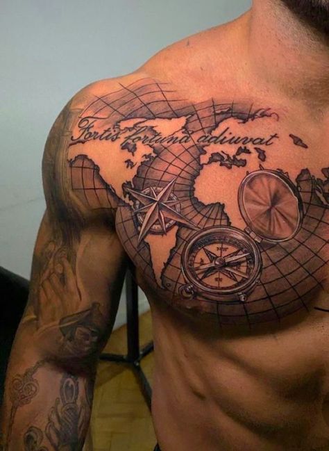 Piece Tattoo Ideas, Shoulder Piece Tattoo, Compass And Map Tattoo, Nautical Tattoo Sleeve, Navy Tattoos, World Map Tattoos, Shoulder Piece, Compass Tattoo Design, Map Tattoos