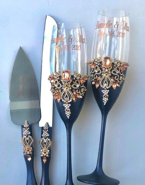 Navy Blue Rose Gold Wedding, Blue Rose Gold Wedding, Blue And Rose Gold Wedding, Engraved Cake Server Set, Gold Wedding Glasses, Navy Blue And Rose Gold, Engraved Cake Server, Navy Blue Wedding Theme, Hand Painted Champagne Flutes