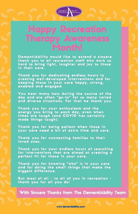 Happy Recreation Therapy Awareness month! We want to say a big "THANK YOU!" to all of you in recreation who work so hard to improve the lives of those in your care. Please feel free to share this poster with friends, colleagues, loved ones and strangers who are in recreation to let them know just how grateful we are for them. From all of us at DementiAbility, thank you! Therapeutic Recreation, Recreation Therapy, All Of Us, Carnival, To Share, First Love, Feel Free, With Friends, Book Cover