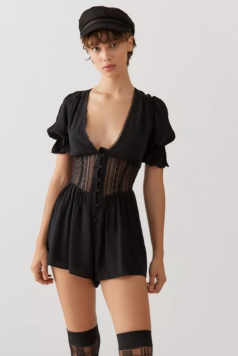 UO Good Evening Lace Romper | Urban Outfitters Puffy Shirt, Trendy Jumpsuit, Urban Outfitters Pants, Lace Romper, Good Evening, Rompers Women, Sheer Lace, Favorite Jeans, Girls Night