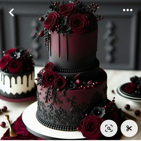 Moody Cake Wedding, Gothic Beauty And The Beast Wedding, Gothic 15 Party, Dark Burgundy And Black Wedding, Black And Red Wedding Cake Elegant, Cake Slice Decoration Ideas, Burgundy And Black Wedding Bouquet, Goth Wedding Cake Ideas, Dark Wedding Cake Aesthetic