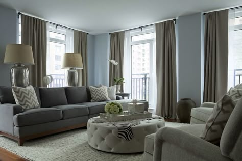 The Elegant Abode: Chic gray and blue living room with blue walls paint color and living room windows ... Colour Schemes For Living Room Grey, Blue Walls Living Room, Gray Living Room Design, Interior House Colors, Room Green, Living Room Color Schemes, Trendy Living Rooms, Room Color Schemes, Brown Living Room