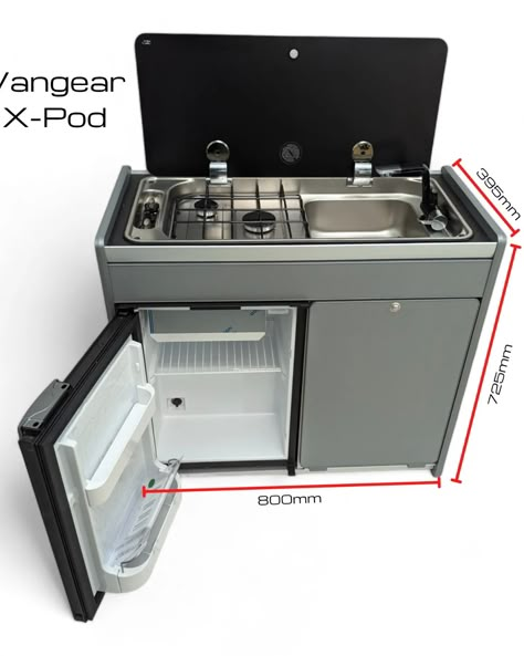 The vangear X-POD is available with or without a fridge #x-pod #campervan #vangearcampervanconversions Camper Fridge, Campervan Kitchen, Campervans For Sale, Vw Caravelle, Storage Pods, Kitchen Grey, Tambour Door, Kitchen Unit, Kitchen Desks