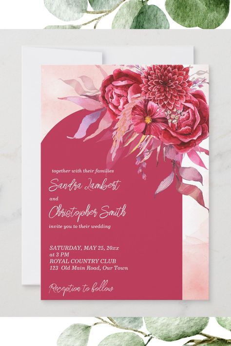 Magenta crimson burgundy flowers arch wedding invitation Raspberry Wedding Invitations, Napkin Cards, Stationery Inspiration, Burgundy Flowers, Graduation Invitations, Invitation Suite, Wedding Templates, Wedding Invitation Suite, Wedding Arch