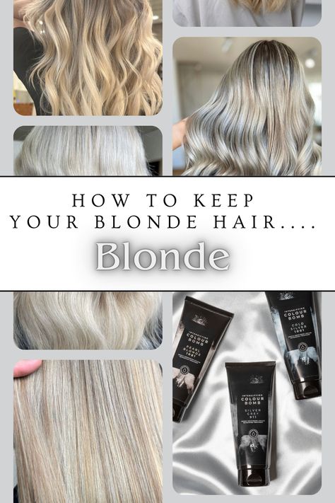 Collage of six images showcasing blonde hair at different stages of color and treatment. The central text overlay reads, "How to Keep Your Blonde Hair.... Blonde." The bottom right corner features three black squeeze tubes of IdHAIR’s Colour Bomb products, highlighting their vibrant color depositing and conditioning treatments for maintaining salon-quality blonde hair at home. Color Depositing Conditioner, Rice Protein, Hair Healthy, Deep Conditioning, Hair Blonde, You Left, The Salon, Brunettes, Healthy Hair