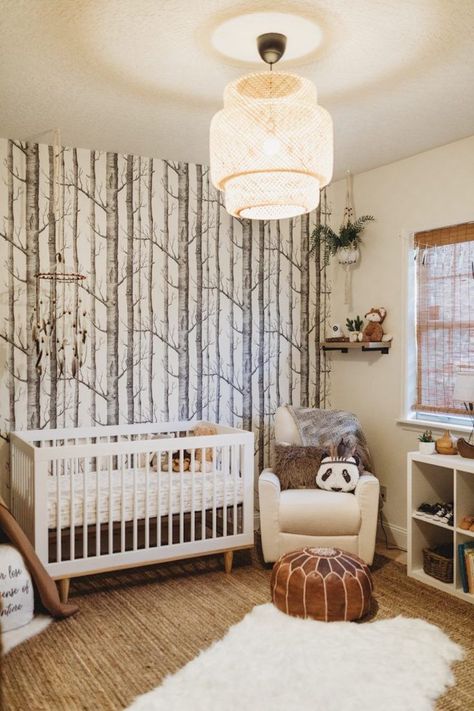 Decorating a nursery for your new baby? This woodland inspired nursery is a perfect gender neutral design. Ikea Crib, Woodland Theme Nursery, Boho Baby Boy, Birch Tree Wallpaper, Boy Nursery Themes, Outdoor Nursery, Baby Boy Nursery Themes, Woodland Nursery Theme, Adorable Nursery