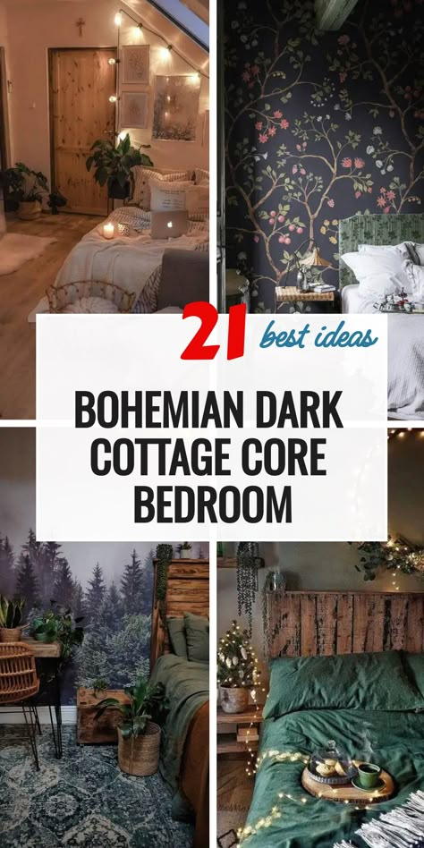 Elevate your interior design with our dark cottage core bedroom bohemian inspirations. Featuring 21 ideas, this collection blends cozy, aesthetic decor with modern elements for a truly unique space. From witchy to vintage and sage green to pink hues, discover how to create a room that�s inviting, moody, and brimming with personality. Perfect for guest rooms or personal retreats, these ideas will help you create a space that�s both captivating and comfortable. Cottage Core Boho Bedroom, Gothic Cottage Core Bedroom, Witchy Cottage Core Bedroom, Moody Cottage Core, Creative Room Ideas, Dark Cottage Core Bedroom, Cottage Core Bedroom Ideas, Dark Cottagecore Bedroom, Cottagecore Bedrooms