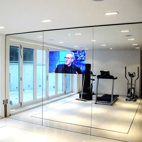 Gym Mirror Wall, Mirror Wall Design, Mirror Panel Wall, Basement Movie Room, Home Gym Mirrors, Closet Mirror, Small Home Gym, Beauty Room Vanity, Home Gym Garage