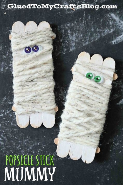 #gluedtomycrafts Popsicle Stick And Yarn Mummy - Kid Craft Idea For Halloween Fun Catapults For Kids, Kindergarten Halloween Crafts, Air Plant Decor, Kids Crafts Toddlers, Mummy Craft, Mummy Crafts, Idea For Halloween, Halloween Kindergarten, Hallowen Ideas