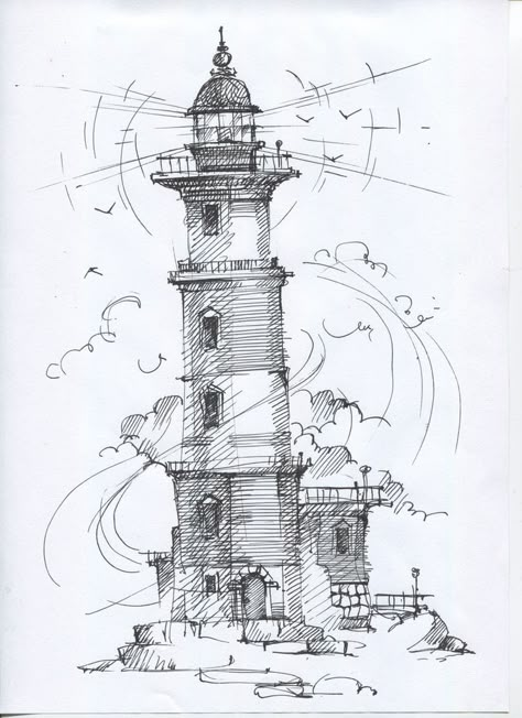 Lighthouse Drawing, Pen Art Drawings, Architecture Drawing Art, Landscape Drawings, Sketch Painting, Architecture Sketch, Book Art Drawings, Pen Art, Cool Art Drawings