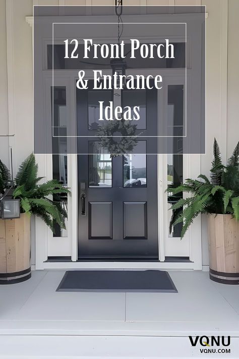 Enhance your home's curb appeal with these 12 inspiring front porch and entrance ideas. Featuring elegant decor, stylish planters, and a classic black front door, these tips will help you create a welcoming and charming entryway. Click to explore more ideas and transform your porch today! #FrontPorchIdeas #EntranceDecor #CurbAppeal Front Porch Doors Entrance, Front Entrance Doors With Sidelights, Black Door Front Porch, Exterior Front Door Ideas Modern, Single Front Door Ideas Entrance, Ideas For Front Door Decor Entrance, Front Porch Planter Ideas Entrance, Modern Front Door Decor Ideas, Exterior Front Door Ideas Entrance