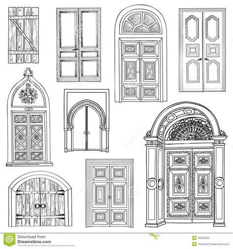 Door set Building Drawing, Interior Design Sketches, House Sketch, Vintage Doors, Interior Sketch, Architecture Drawing Art, Door Sets, Doors And Windows, House Drawing