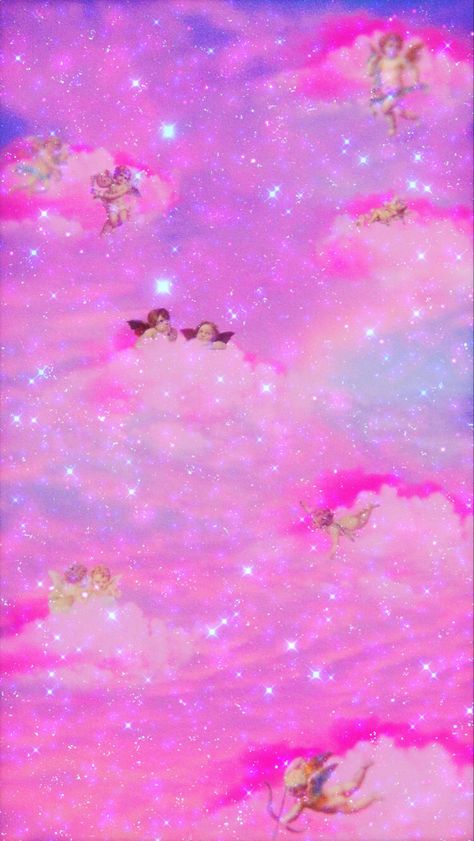 Cherub angel baby wallpaper background with a Cheshire Cat colored glittery, galaxy inspired sunset kinda sky. Pink Trippy Aesthetic Wallpaper, Bimbocore Wallpaper Phone, Trippy Laptop Wallpaper, Pink 90s Wallpaper, Girly Wallpaper Backgrounds, 2000s Background Aesthetic, Pink Trippy Wallpaper, Glitter Background Aesthetic, Hd Wallpaper 1080x1920 Desktop